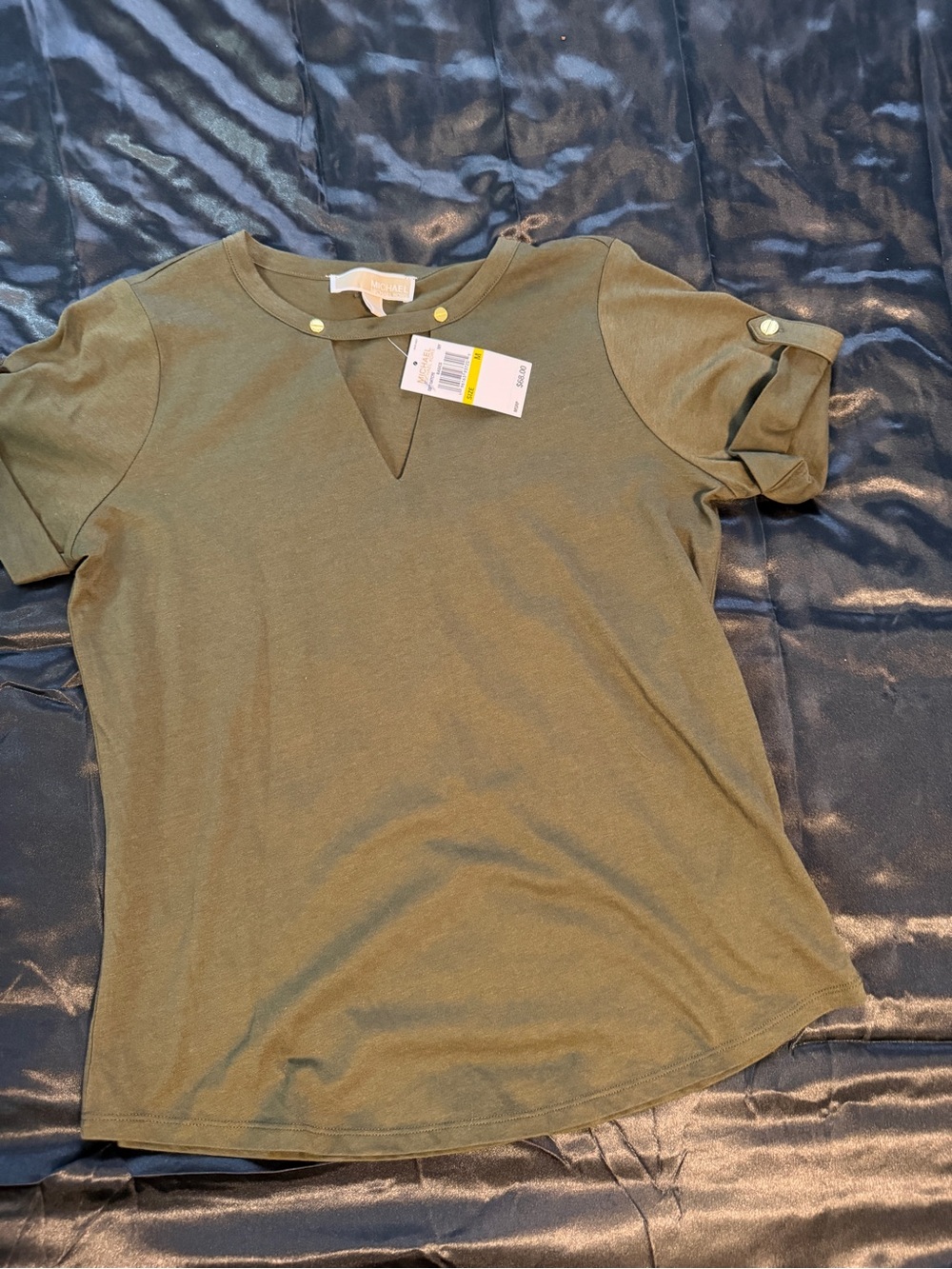 Michael Kors Olive Short Sleeve Top with V-Cutout and Button Tabs